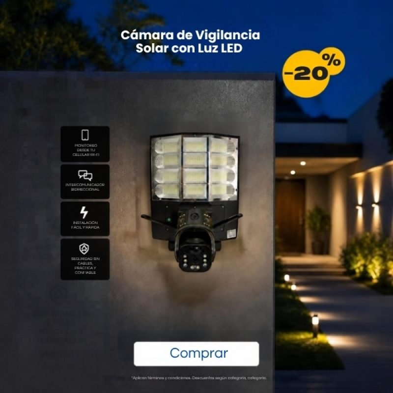 SKU CAM-SOL-LED-BLK-001 Categorías Decoración, Hogar y Jardín, Tecnología $600.000El precio original era $600.000.$480.000El precio actual es $480.000. Paga con en hasta 6 cuotas. Pide un cupo FUN